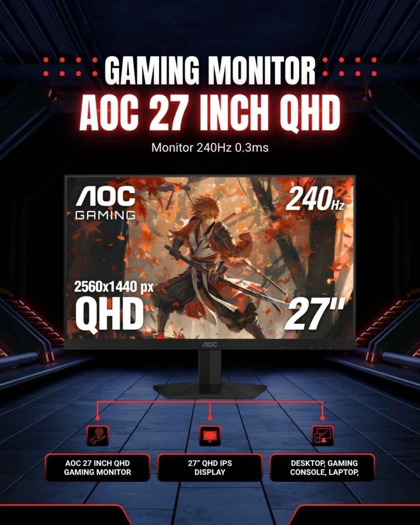 AOC 27 Inch QHD Gaming Monitor 240Hz 0.3ms
